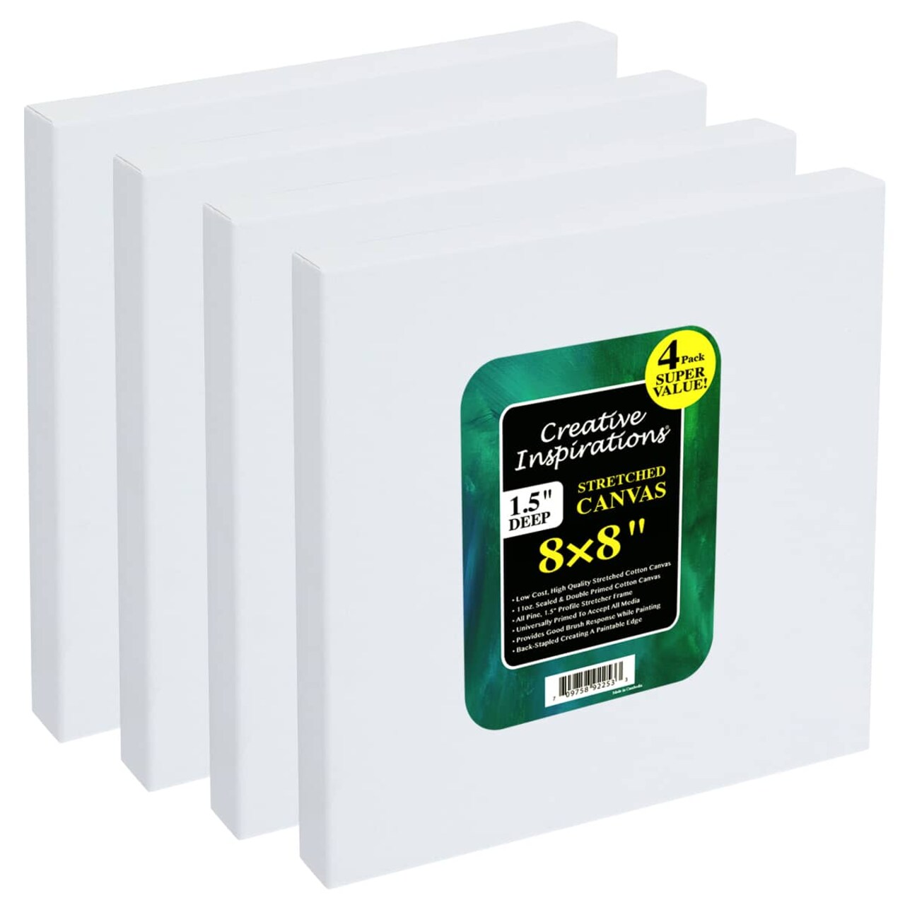 Creative Inspirations Stretched Canvas for Painting- 1-1/2" Deep, 4-Pack, 11oz Sealed & Double-Primed Cotton Canvases, Pine Stretcher Frame, Archival All-Media Primer - Alkyd, Acrylic & Oil Painting